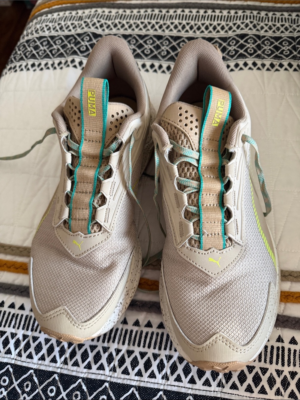 Puma Women's Beige Athletic Sneakers with Teal and Lime Accents